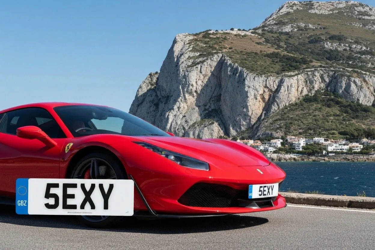 Red Ferrari with 5EXY Gibraltar registration