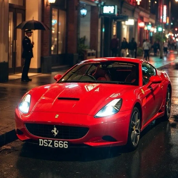Red Ferrari with DSZ 666 registration at night