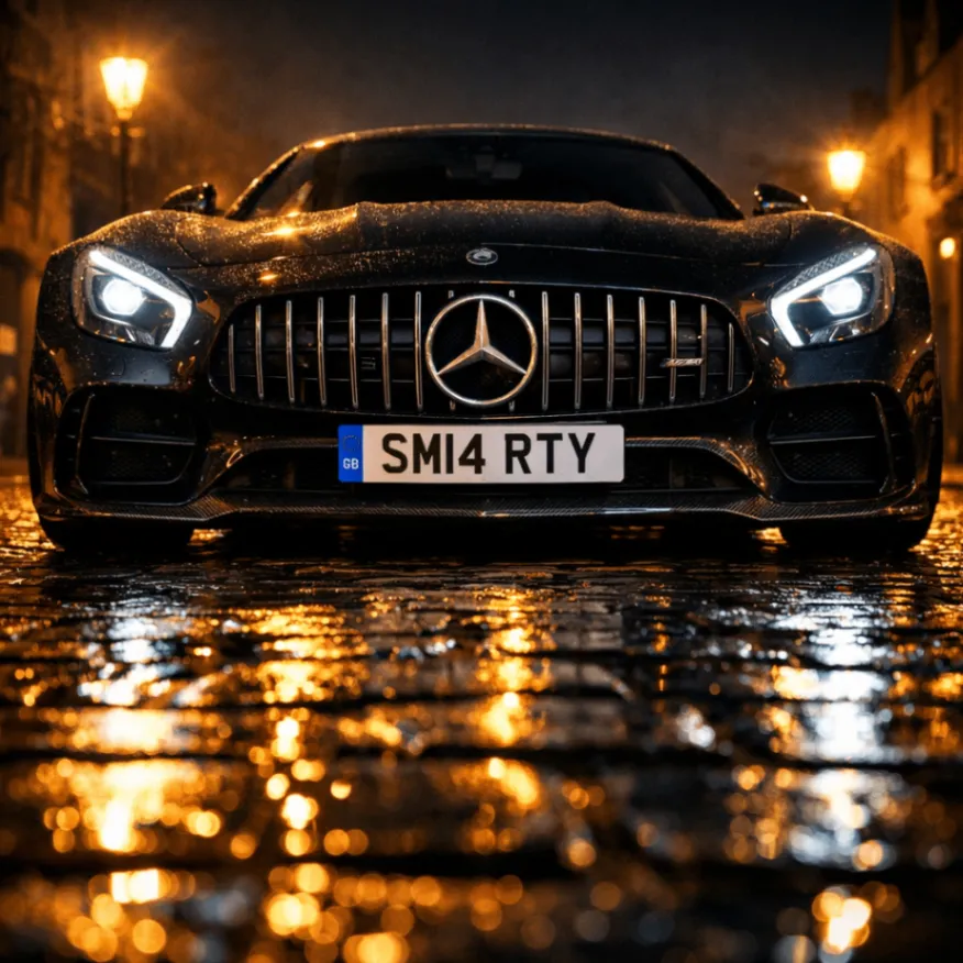 Black Mercedes AMG with SMI4 RTY registration in the rain